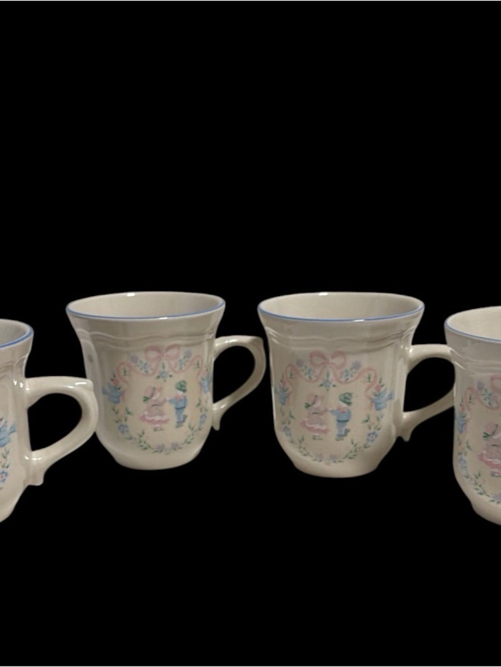 4 Rare Vintage Pink & Blue Country Girl & Boy Mugs “Memories” Tienshan Stoneware
